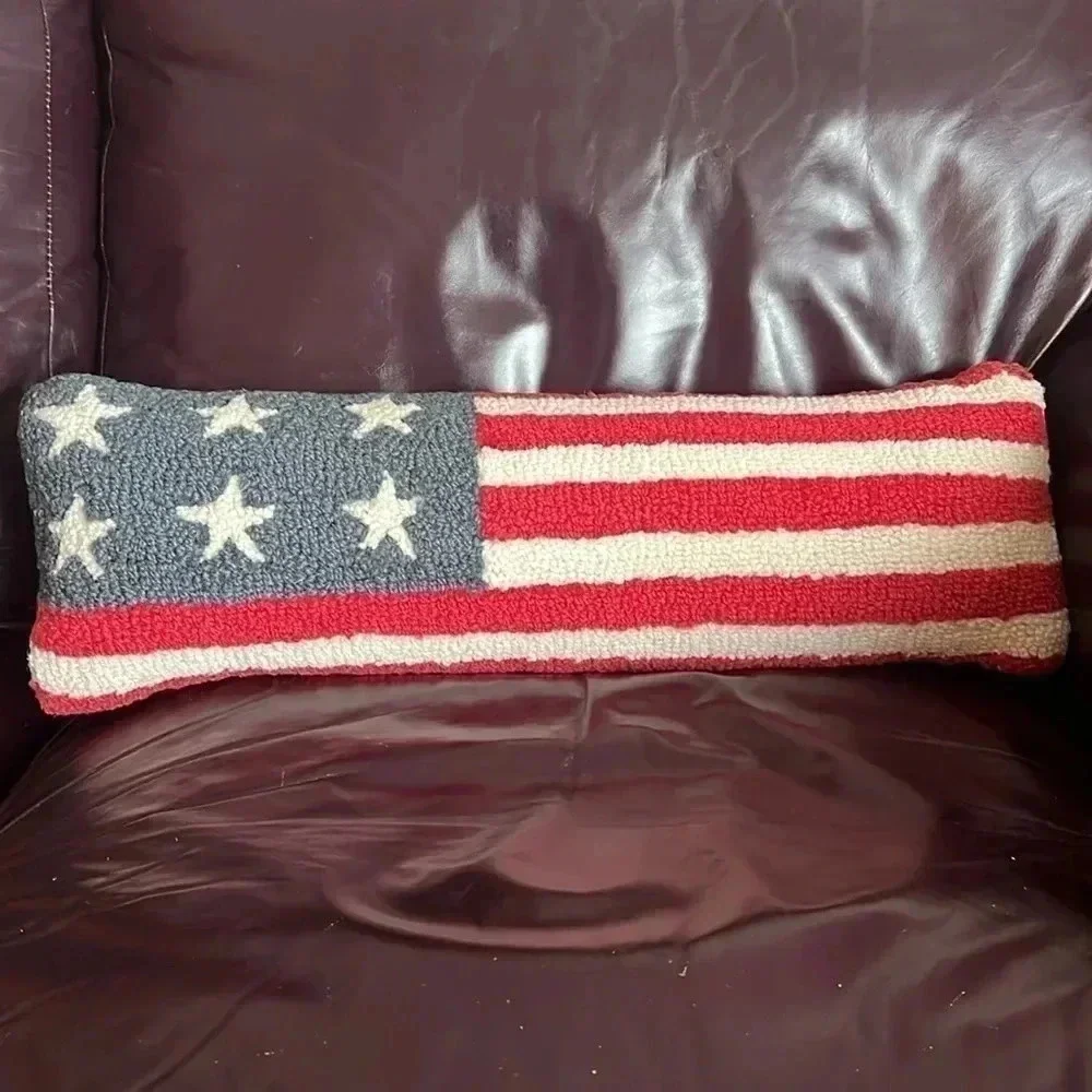 Stars and Stripes - Hooked Wool Pillow Red White Blue USA Flag